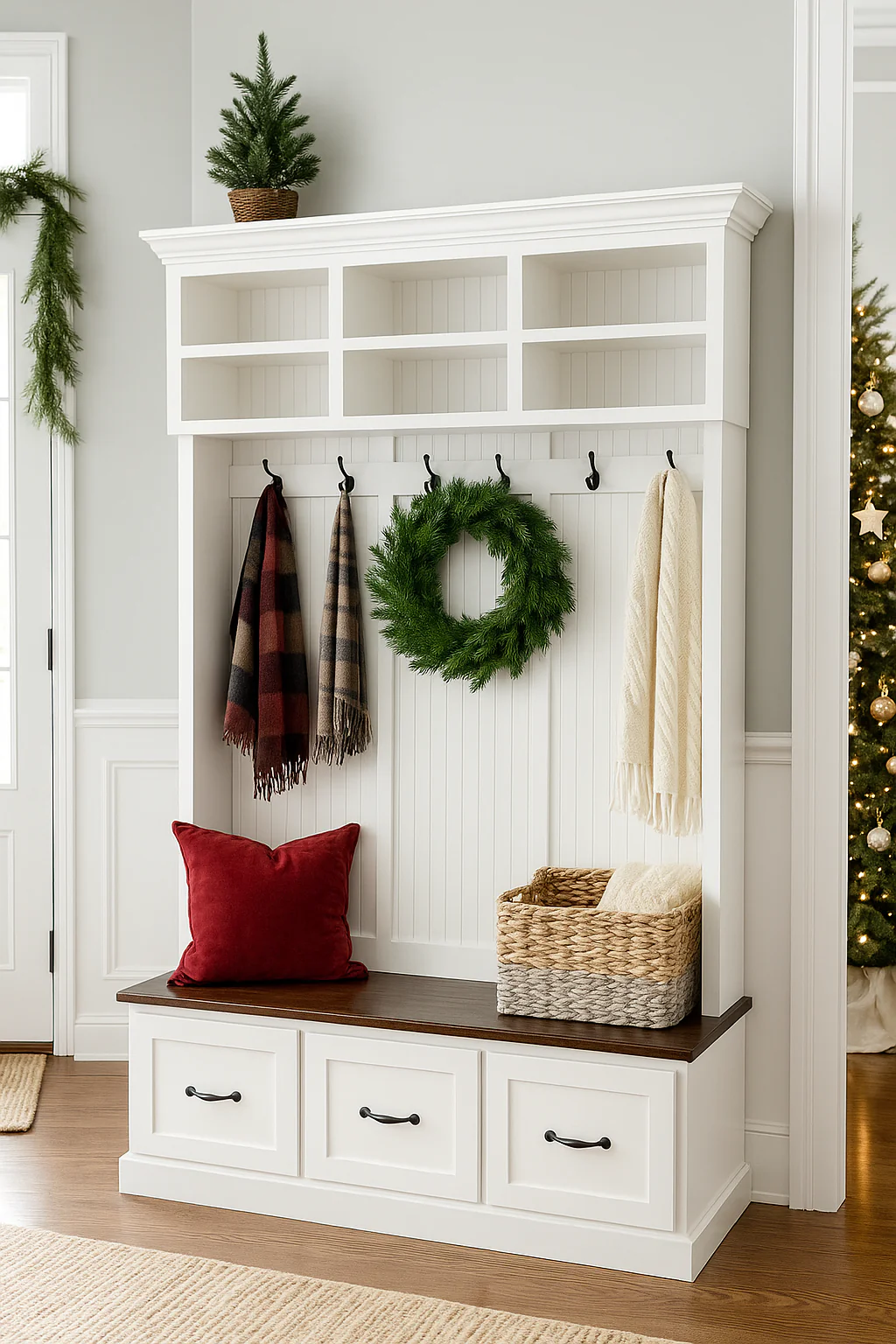 Branson Entryway Bench with Shoe Storage | 3-Section Mudroom Bench, Hall Tree & Wall-Mount Coat Rack – Custom Wood Furniture - Image 2
