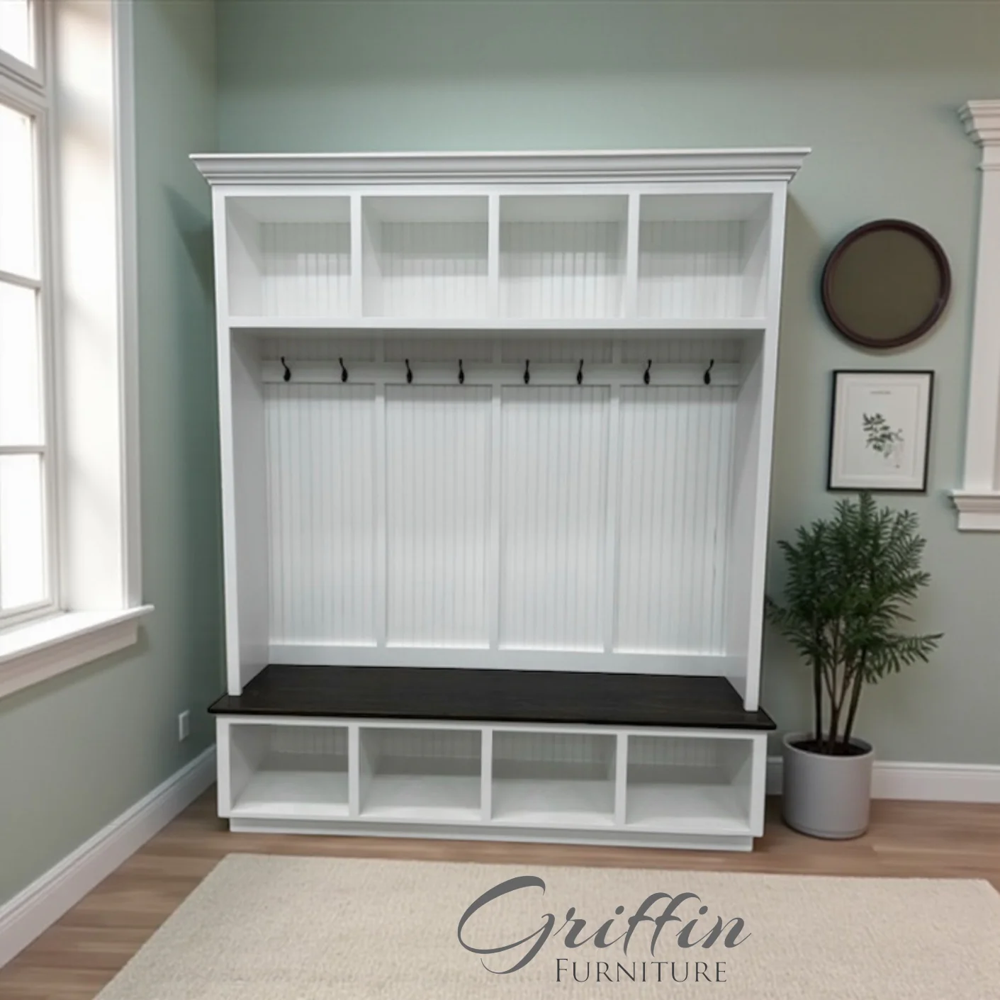 Houston 4-Section Hall Tree with Bench and Shoe Storage | Solid Wood Mudroom Organizer | Entryway Coat Rack with Cubbies