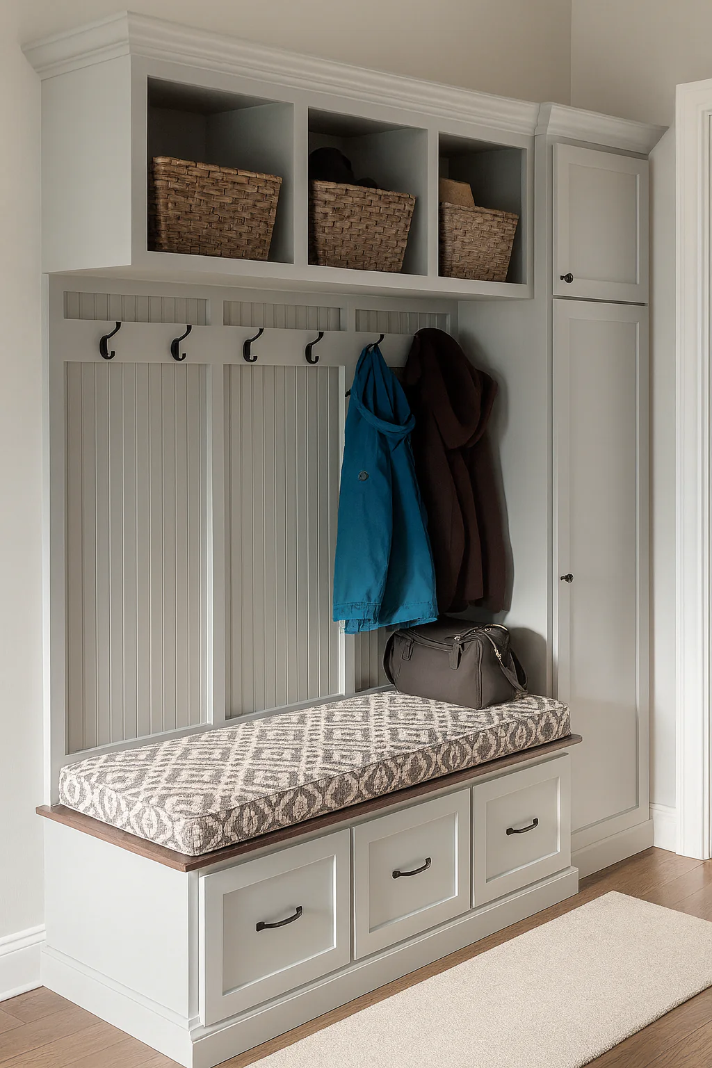 Indiana Entryway Bench with Storage | 3-Section Mudroom Organizer | Solid Wood Front Door Hall Tree Seat