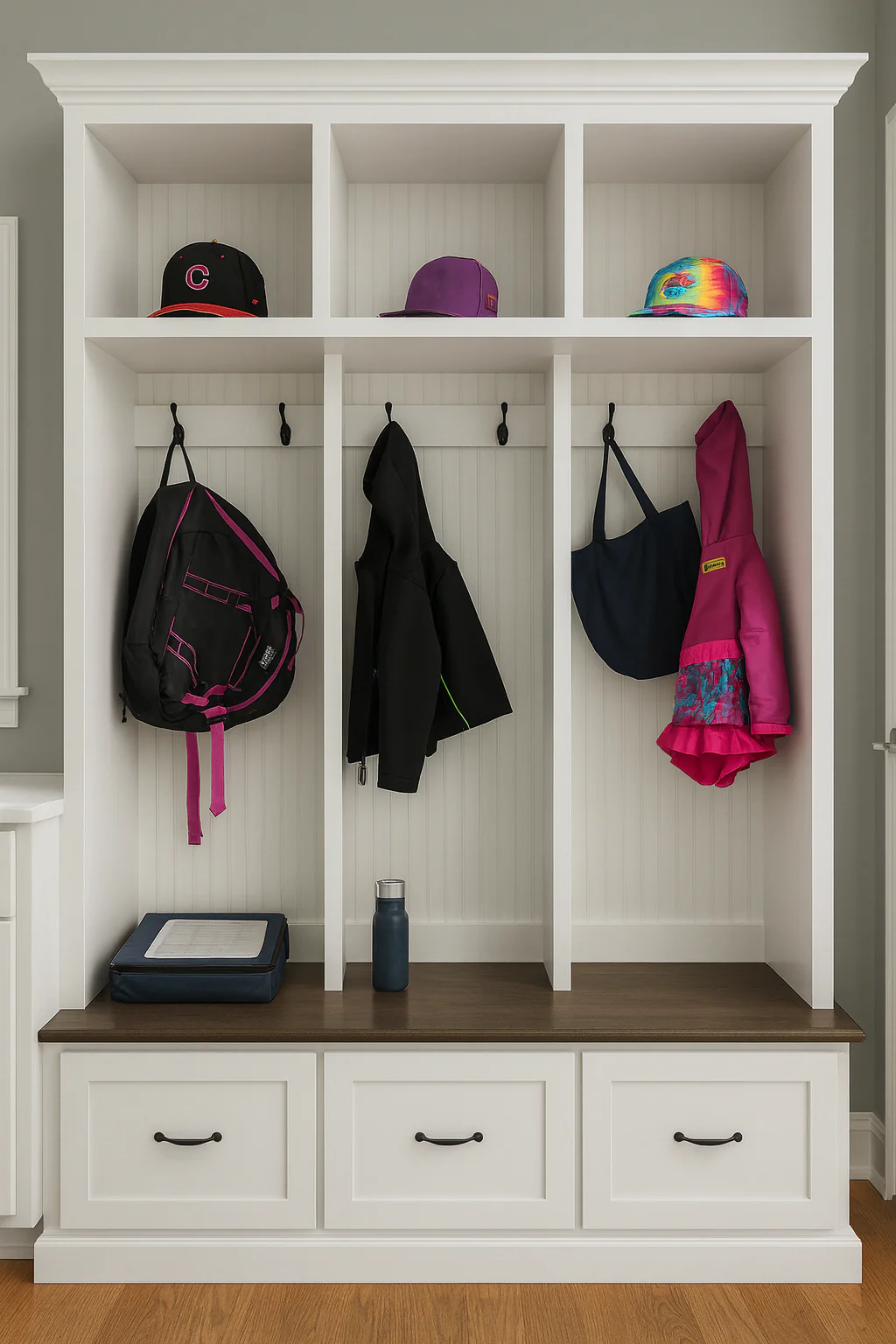 Merrick Mudroom Bench with Coat and Shoe Storage – 3 Section Entryway Organizer | Farmhouse Hall Tree with Hooks and Cubbies