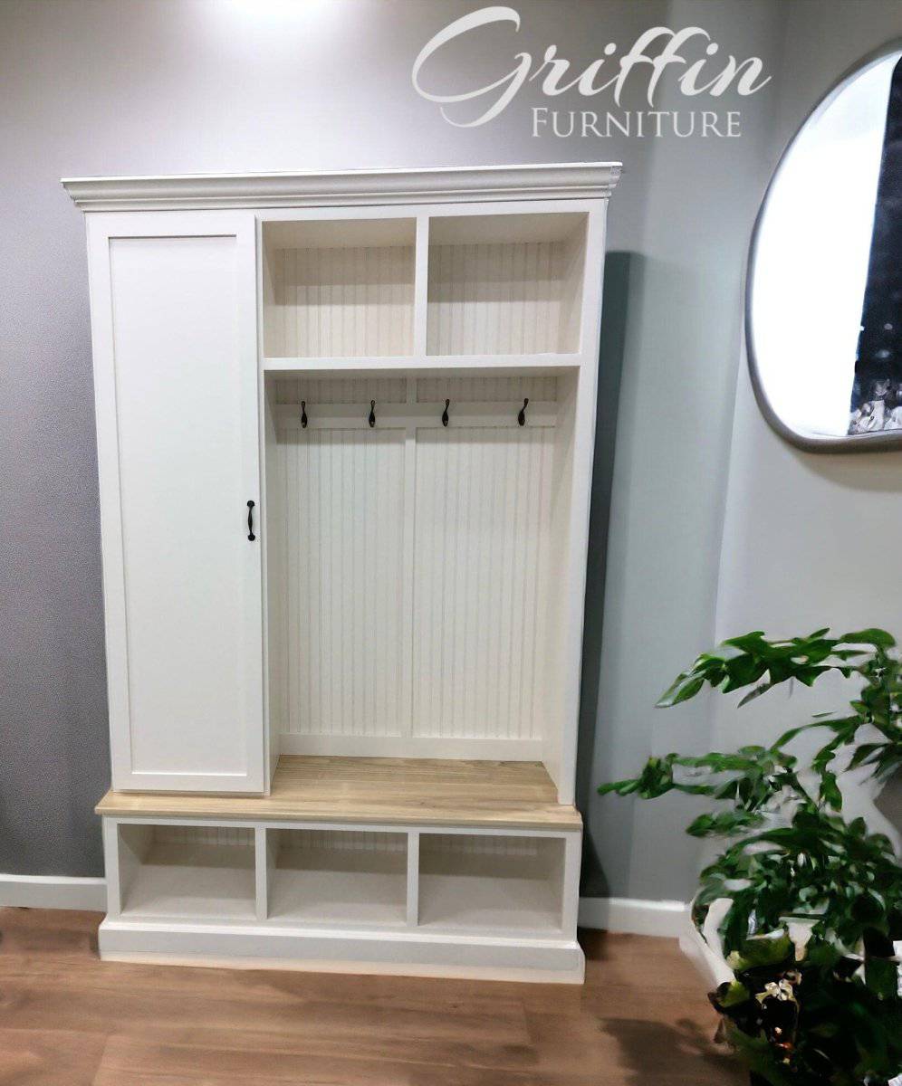 Miami Entryway Bench Organizer with Coat Rack – Hall Tree Mudroom Furniture | Custom Storage Solution for Entryways