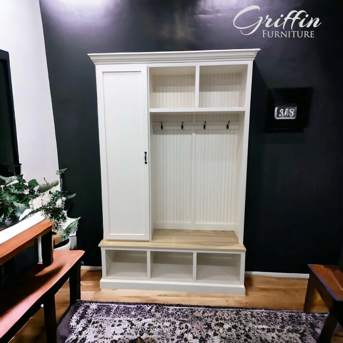 Miami Entryway Bench Organizer with Coat Rack – Hall Tree Mudroom Furniture | Custom Storage Solution for Entryways - Image 3