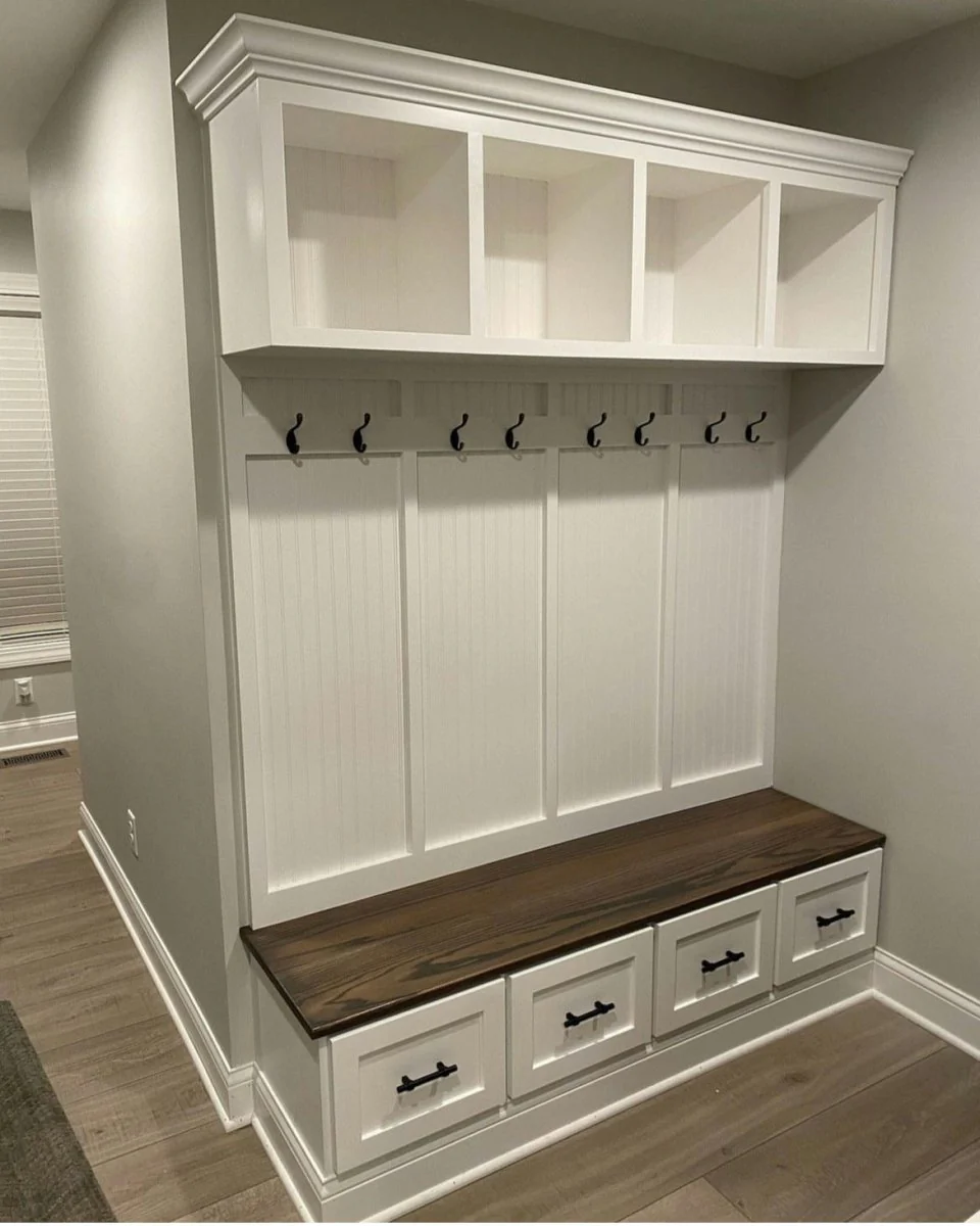 New York Mudroom Bench with Storage Drawers – Solid Wood Hall Tree, Coat Rack (4-section)
