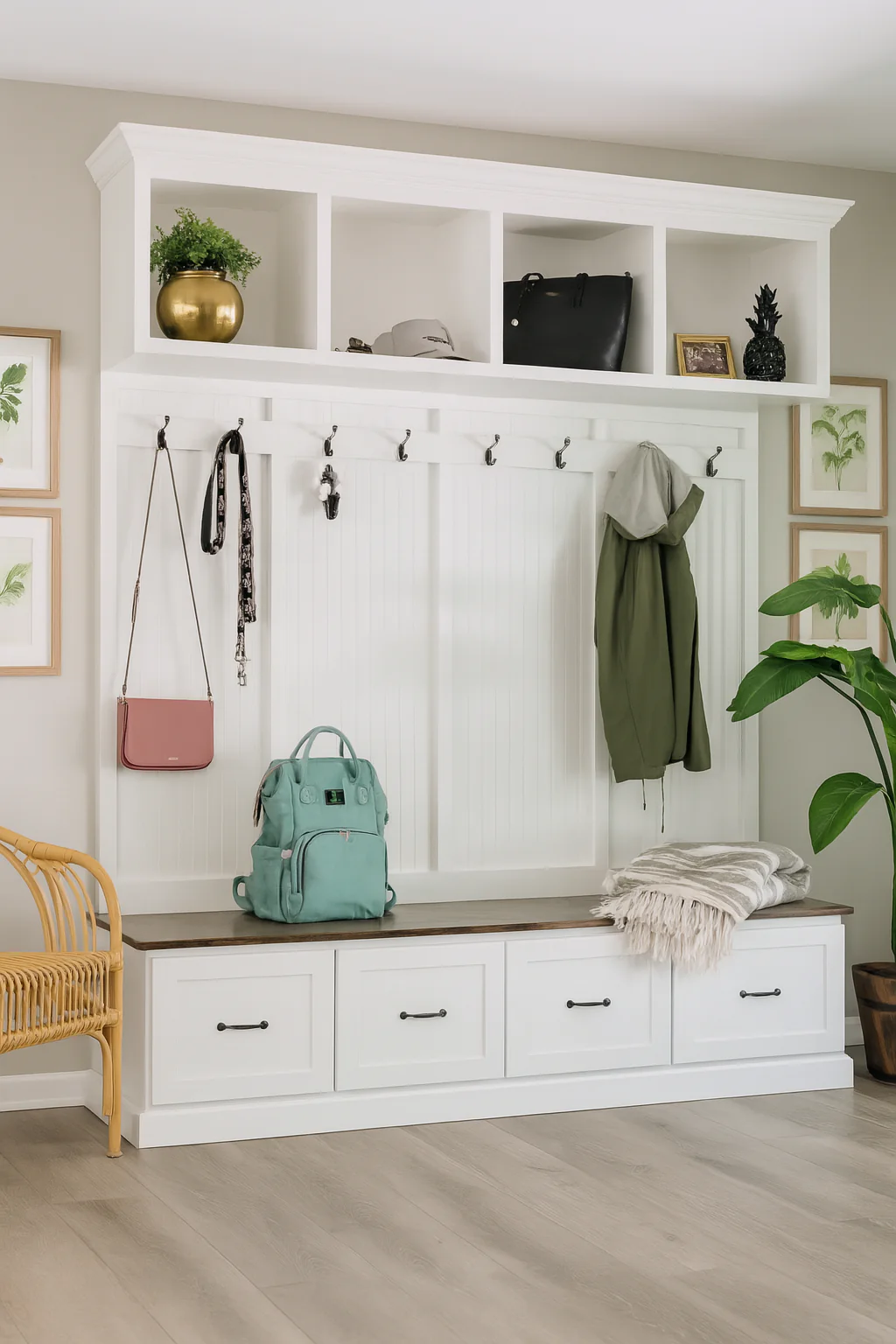New York Mudroom Bench with Storage Drawers – Solid Wood Hall Tree, Coat Rack (4-section) - Image 3