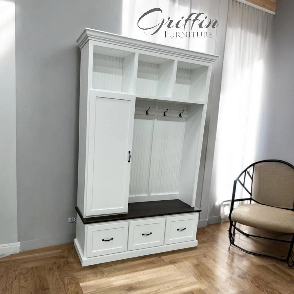 Oregon Entryway Organizer – 3-Section Coat & Shoe Storage Bench | Mudroom Hall Tree with Hooks & Cubbies | Custom Entryway Furniture